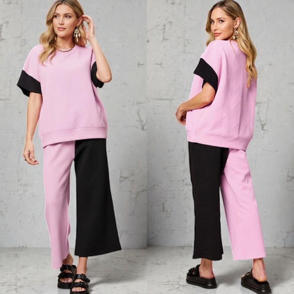 Pink & Black Texture Contrast T-Shirt and Wide Leg Pants Lounge Set NWT - Picture 3 of 8